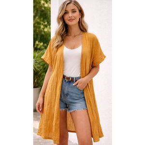 Love and confuse lithuania womens small 100% linen duster long mustard yellow